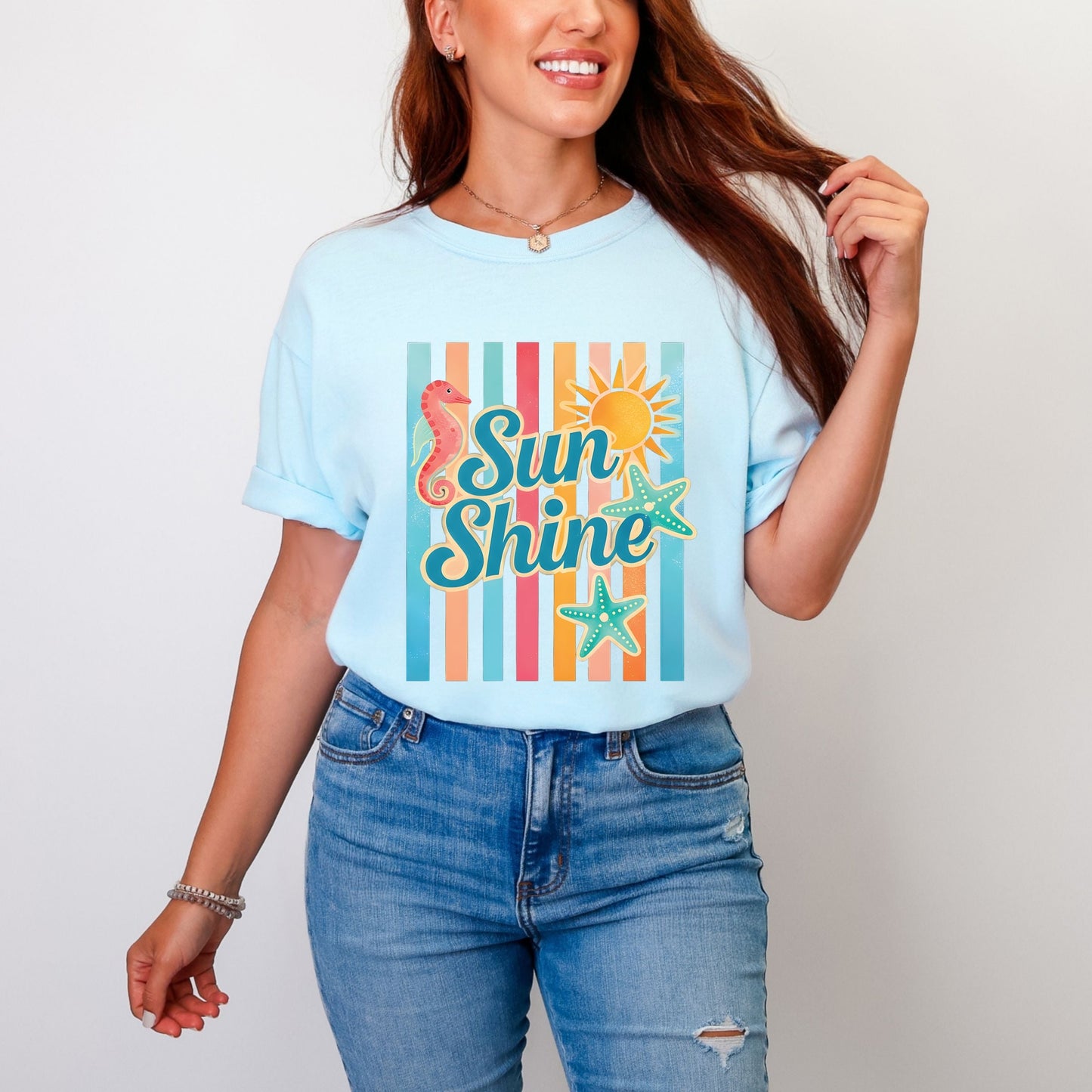 Sunshine Seahorse Stripes - Women's Garment Dyed Graphic T-Shirt
