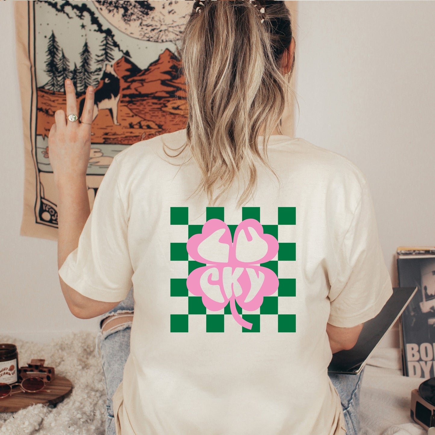 Lucky Clover Checkered | Front & Back Short Sleeve Graphic Tee