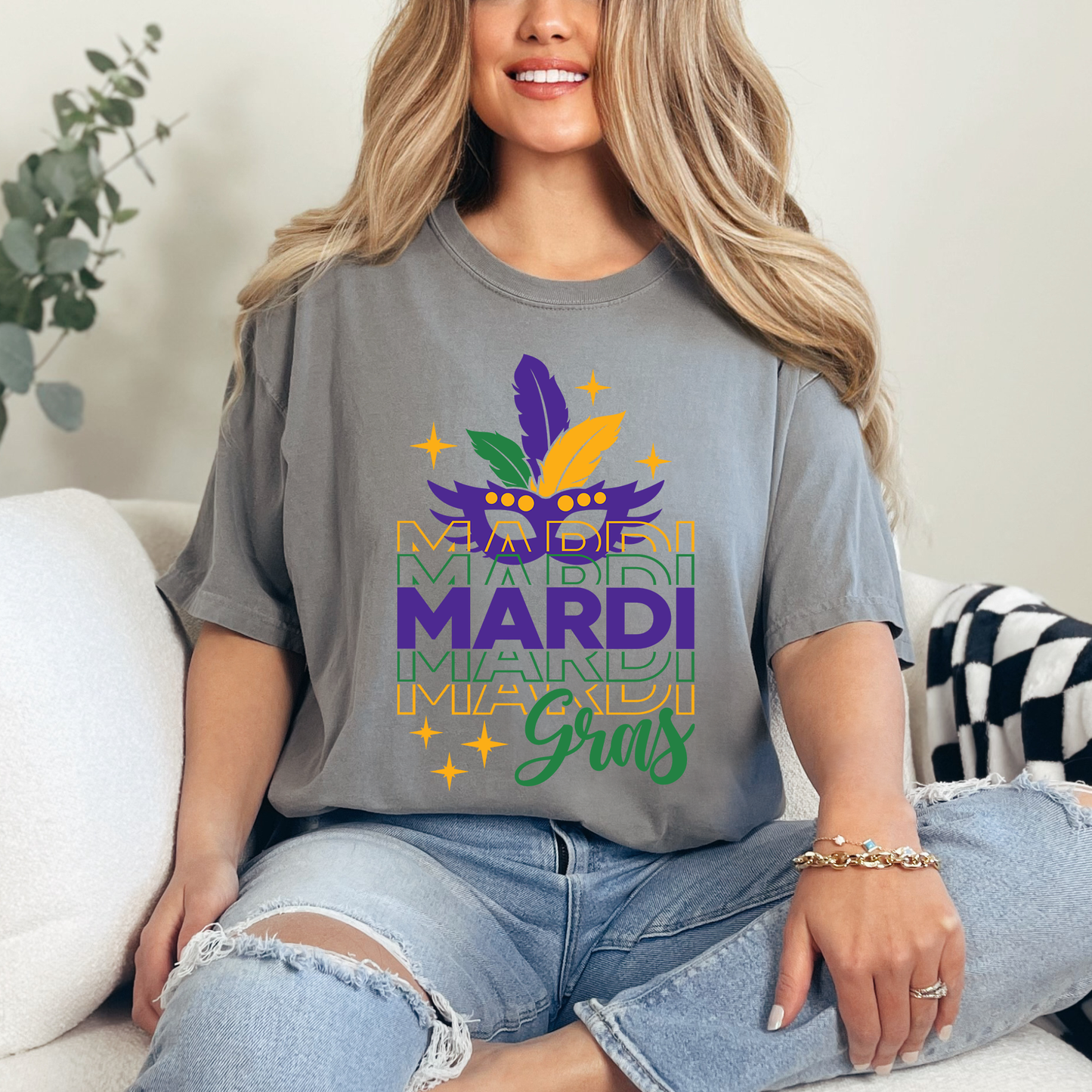 Mardi Gras Mask Sparkle | Garment Dyed Short Sleeve Tee