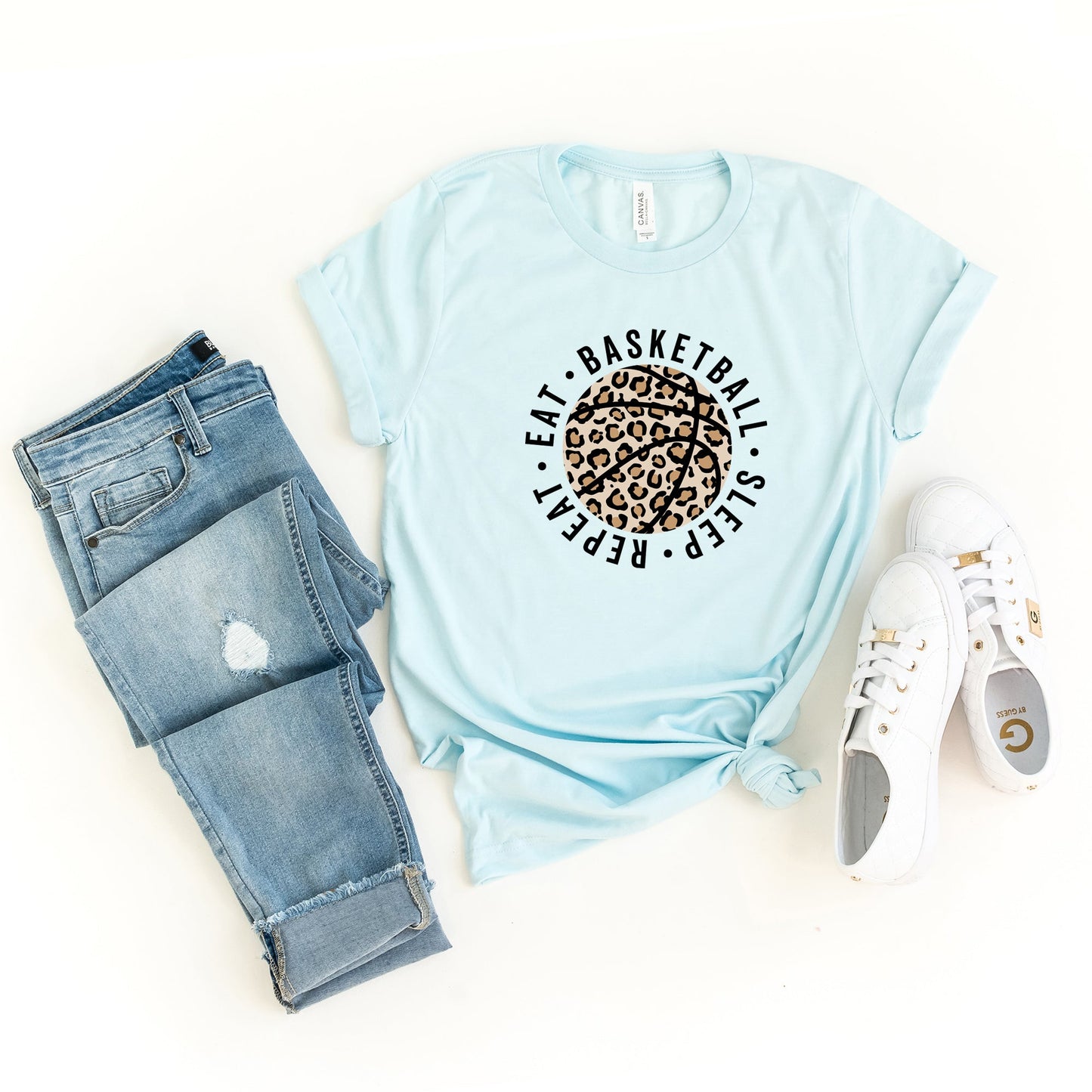 Eat Basketball Sleep Repeat Leopard Basketball | Short Sleeve Graphic Tee