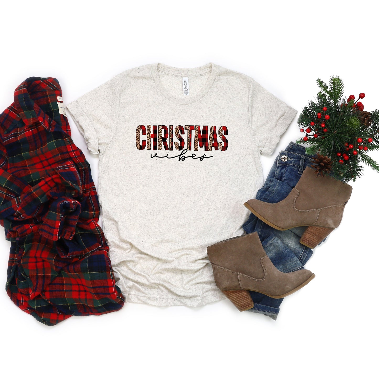 Leopard Plaid Christmas Vibes | Short Sleeve Crew Neck