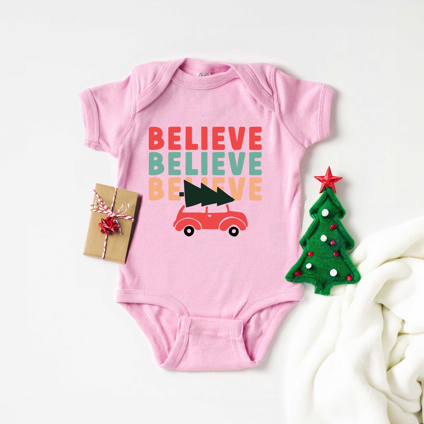 Believe Stacked Car | Baby Graphic Short Sleeve Bodysuit