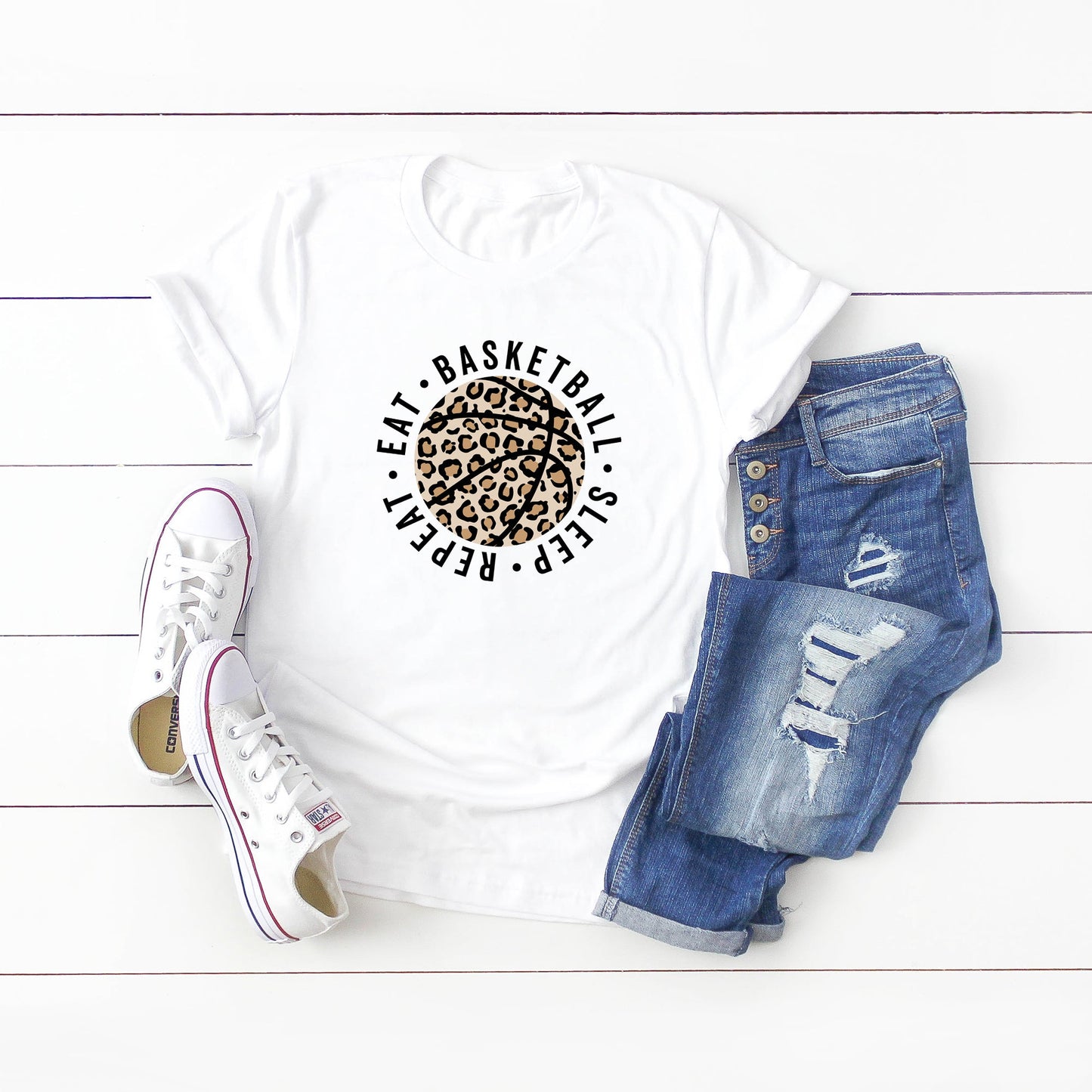 Eat Basketball Sleep Repeat Leopard Basketball | Short Sleeve Graphic Tee
