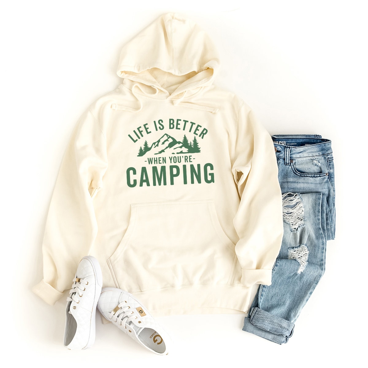 a white hoodie with the words life is better when you're camping on