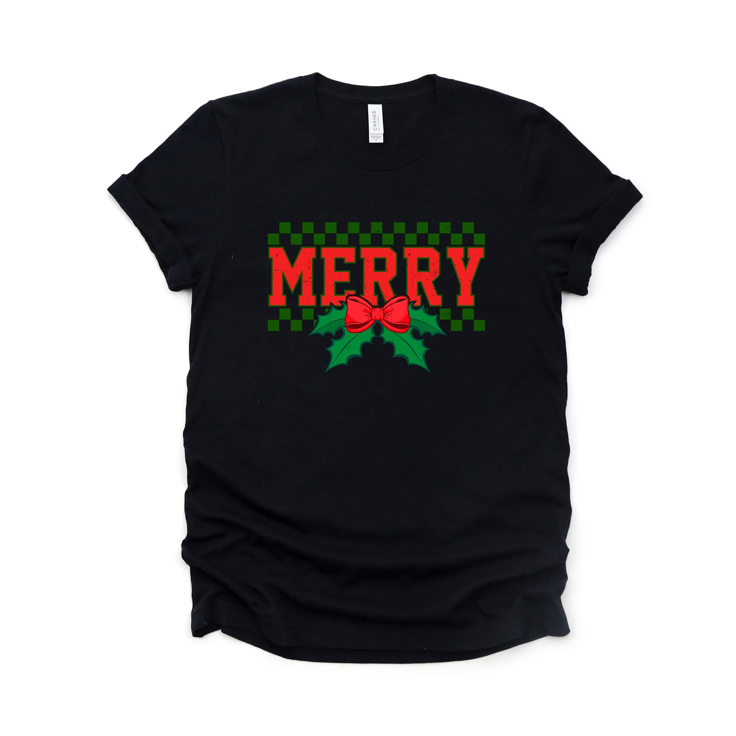 Merry Checkered Mistletoe | Short Sleeve Crew Neck