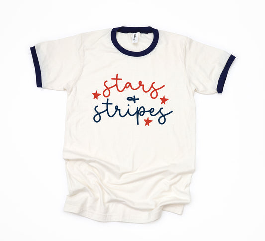 Patriotic Stars And Stripes Cursive | Ringer Tee