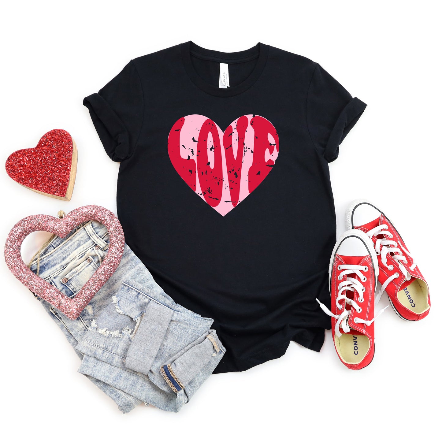 Pink Love Heart Distressed | Short Sleeve Crew Neck