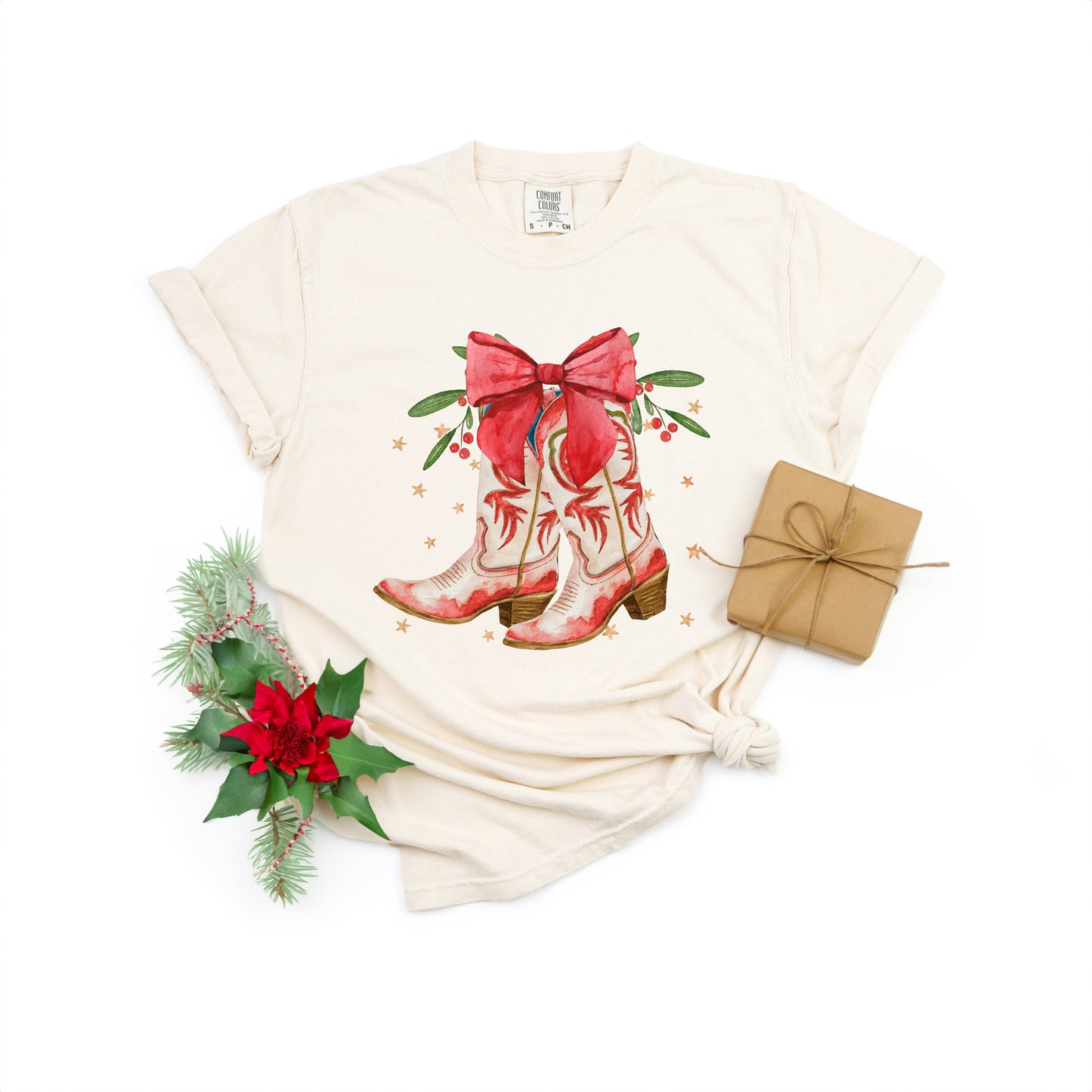 Coquette Cowgirl Christmas Boots | Garment Dyed Tee