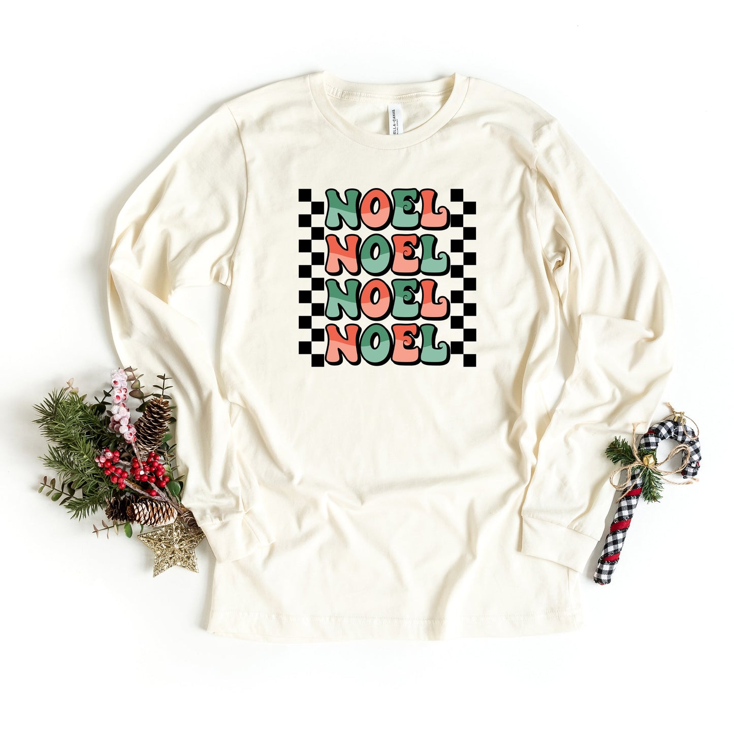 Noel Checkered Stacked | Long Sleeve Graphic Tee