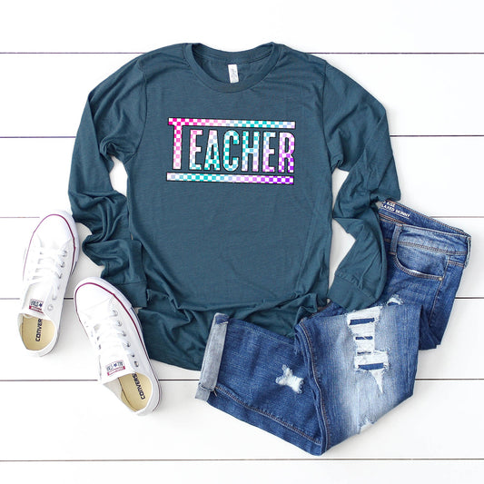 Teacher Checkered Colorful | Long Sleeve Crew Neck