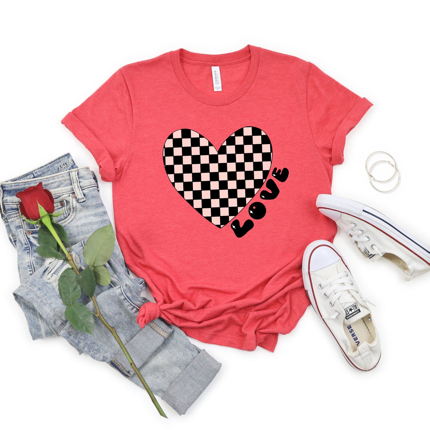 Checkered Heart Black | Short Sleeve Crew Neck