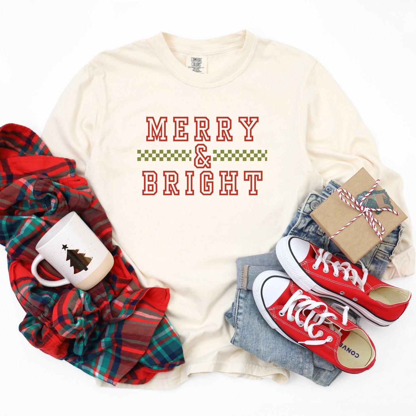 Merry And Bright Checkered | Garment Dyed Long Sleeve