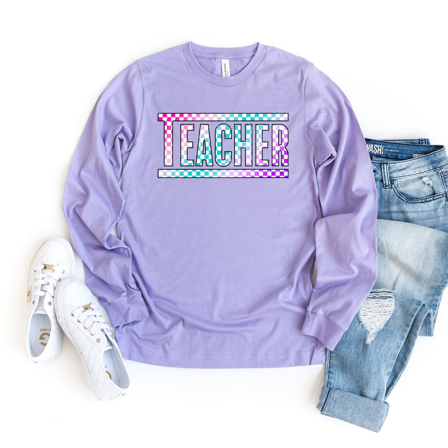 Teacher Checkered Colorful | Long Sleeve Crew Neck