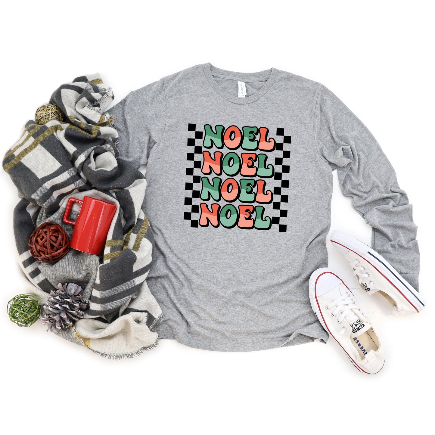 Noel Checkered Stacked | Long Sleeve Graphic Tee