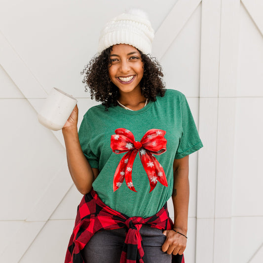 Coquette Christmas Snowflake Bow | Short Sleeve Crewneck