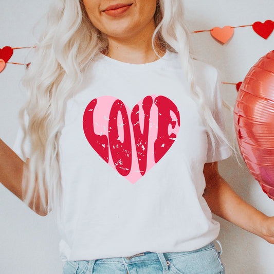 Pink Love Heart Distressed | Short Sleeve Crew Neck