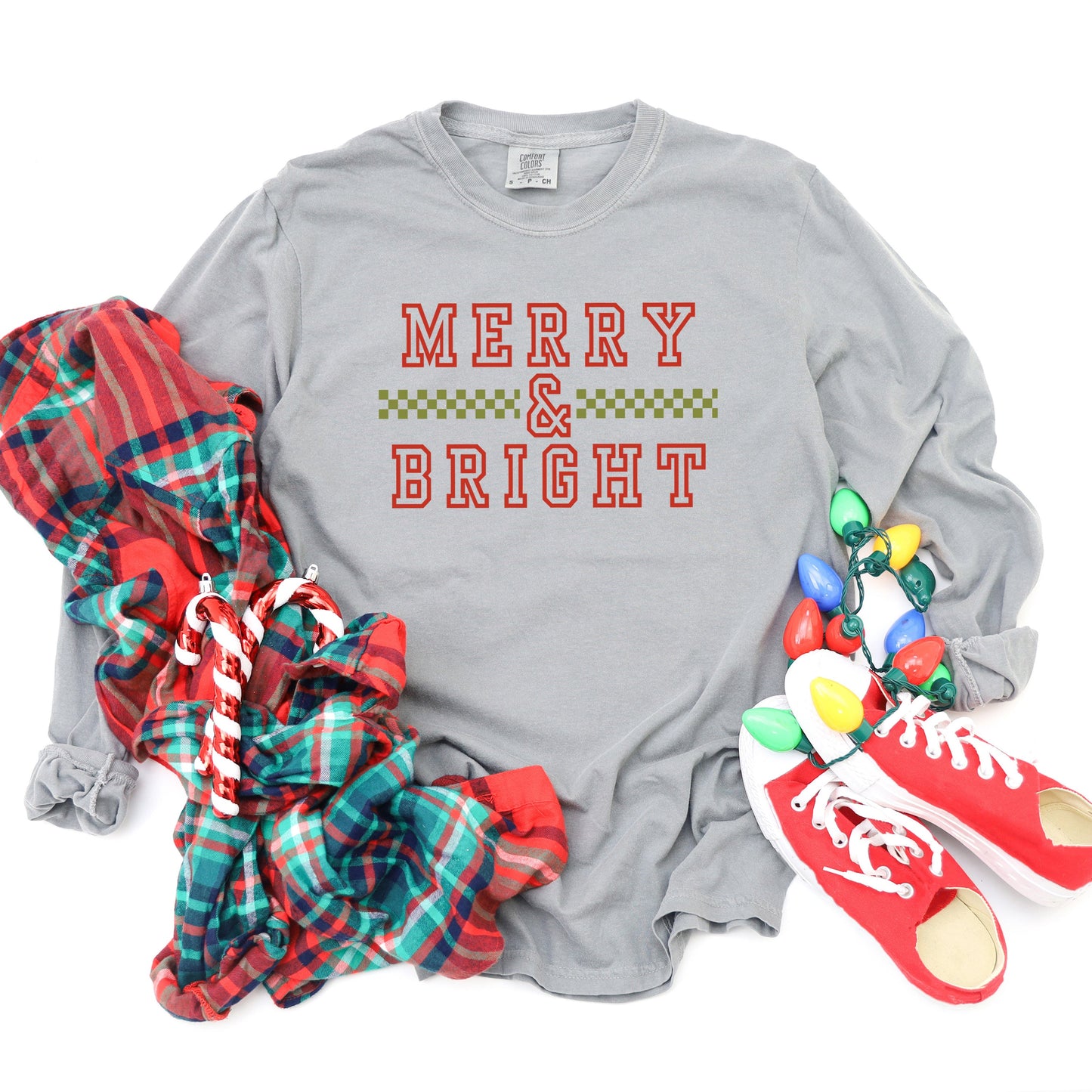 Merry And Bright Checkered | Garment Dyed Long Sleeve