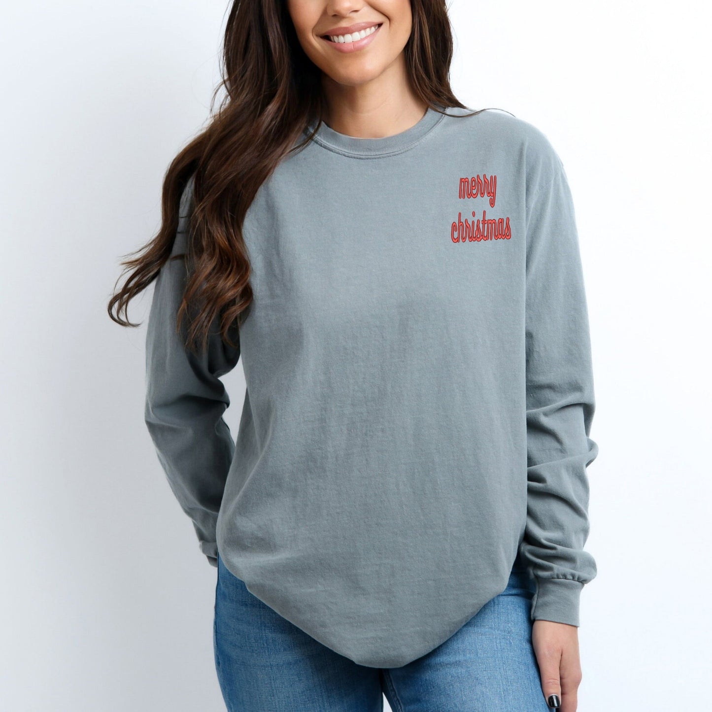 Embroidered Merry Christmas Bold Cursive Mini | Garment Dyed Long Sleeve