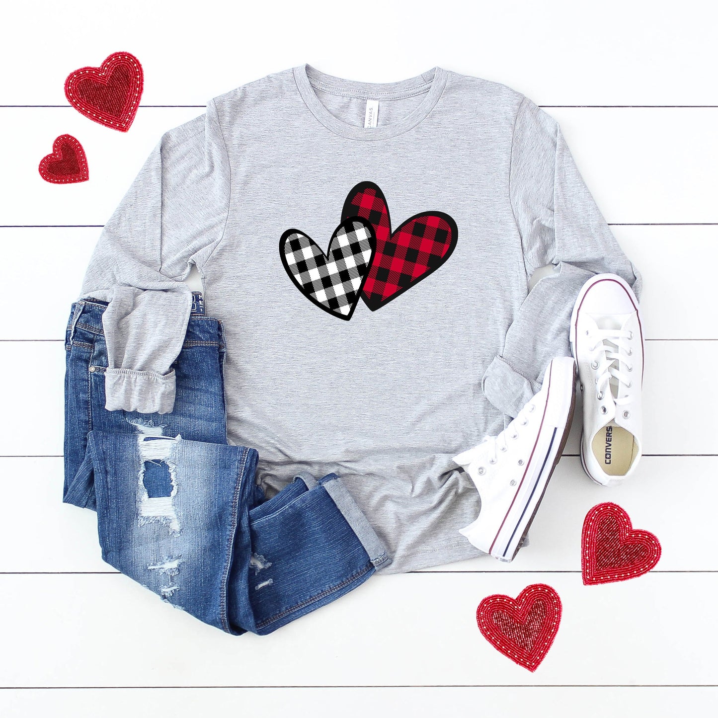 Buffalo Plaid Hearts | Long Sleeve Crew Neck