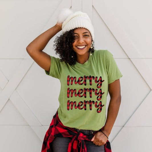 Buffalo Plaid Merry Stacked | Short Sleeve Graphic Tee