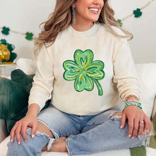 Four Leaf Clover Watercolor | Garment Dyed Long Sleeve