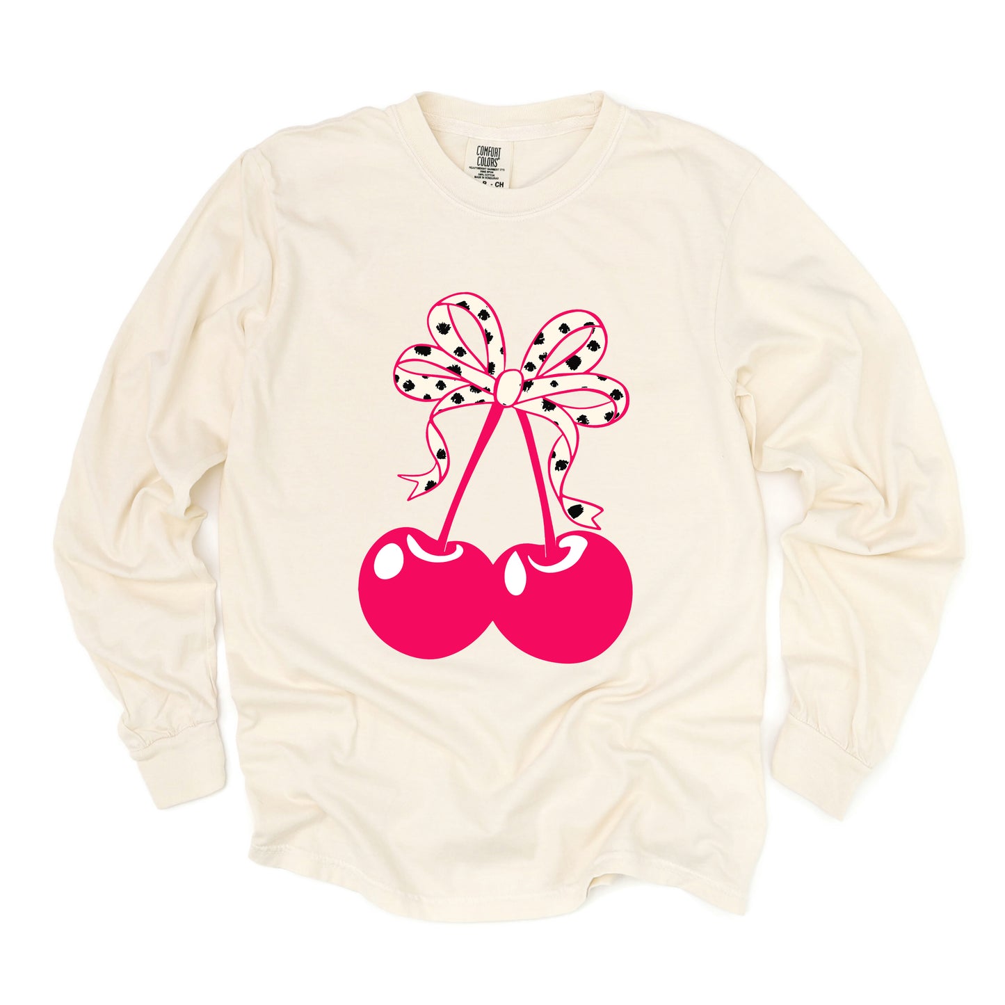 Coquette Cherries Spotted Bow | Garment Dyed Long Sleeve