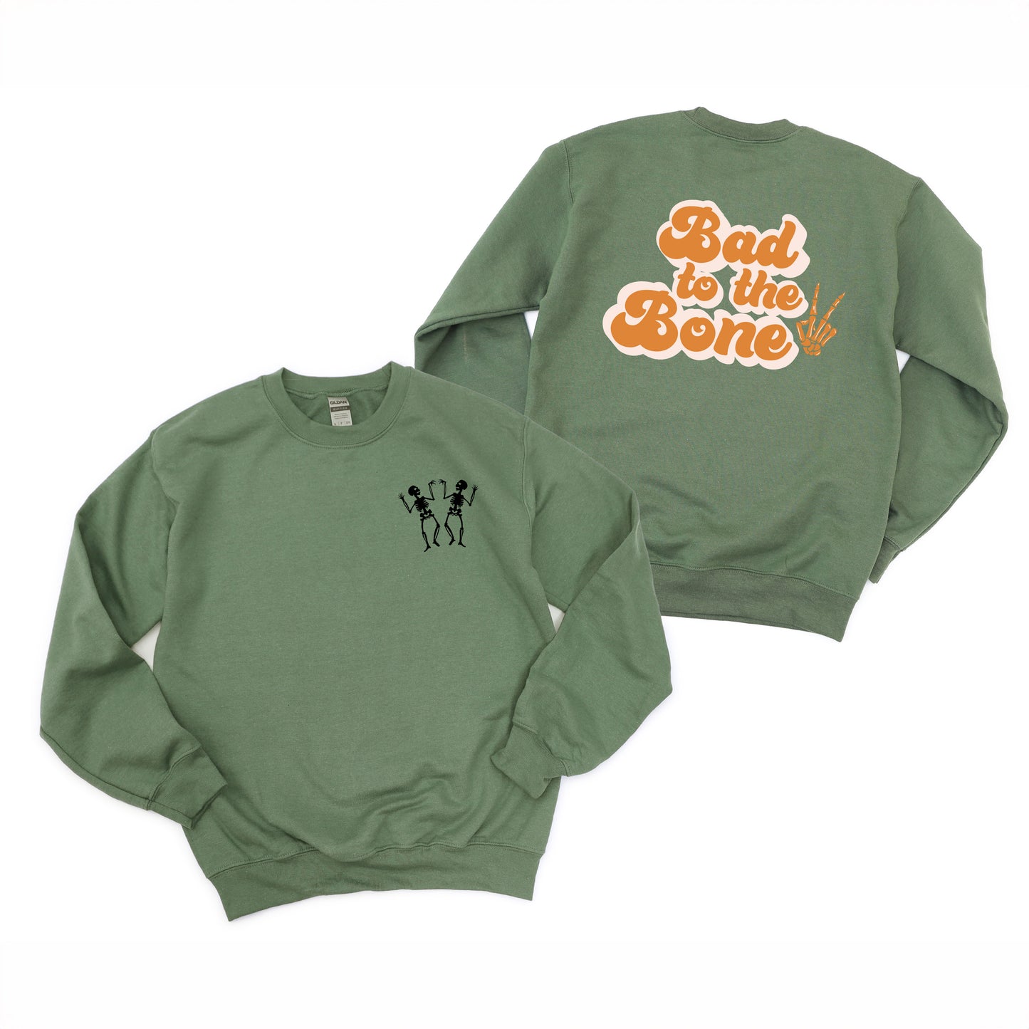 Bad To The Bone Hand - Two Dancing Skeletons | Sweatshirt | Front and Back Design