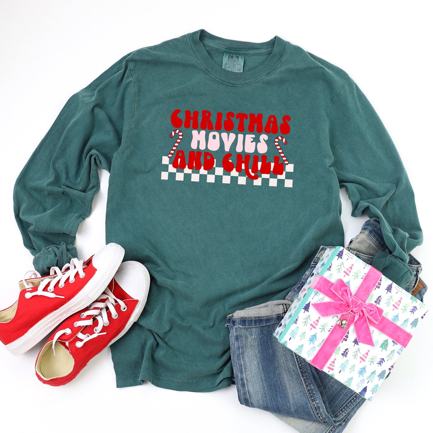 Christmas Movies And Chill Checkered | Garment Dyed Long Sleeve