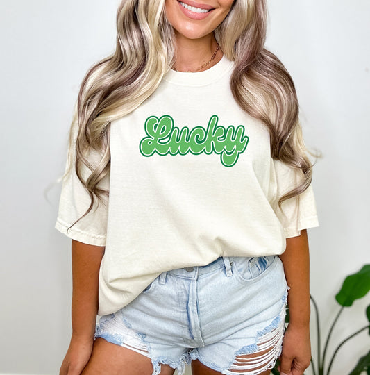 Green Lucky Cursive | Garment Dyed Tee