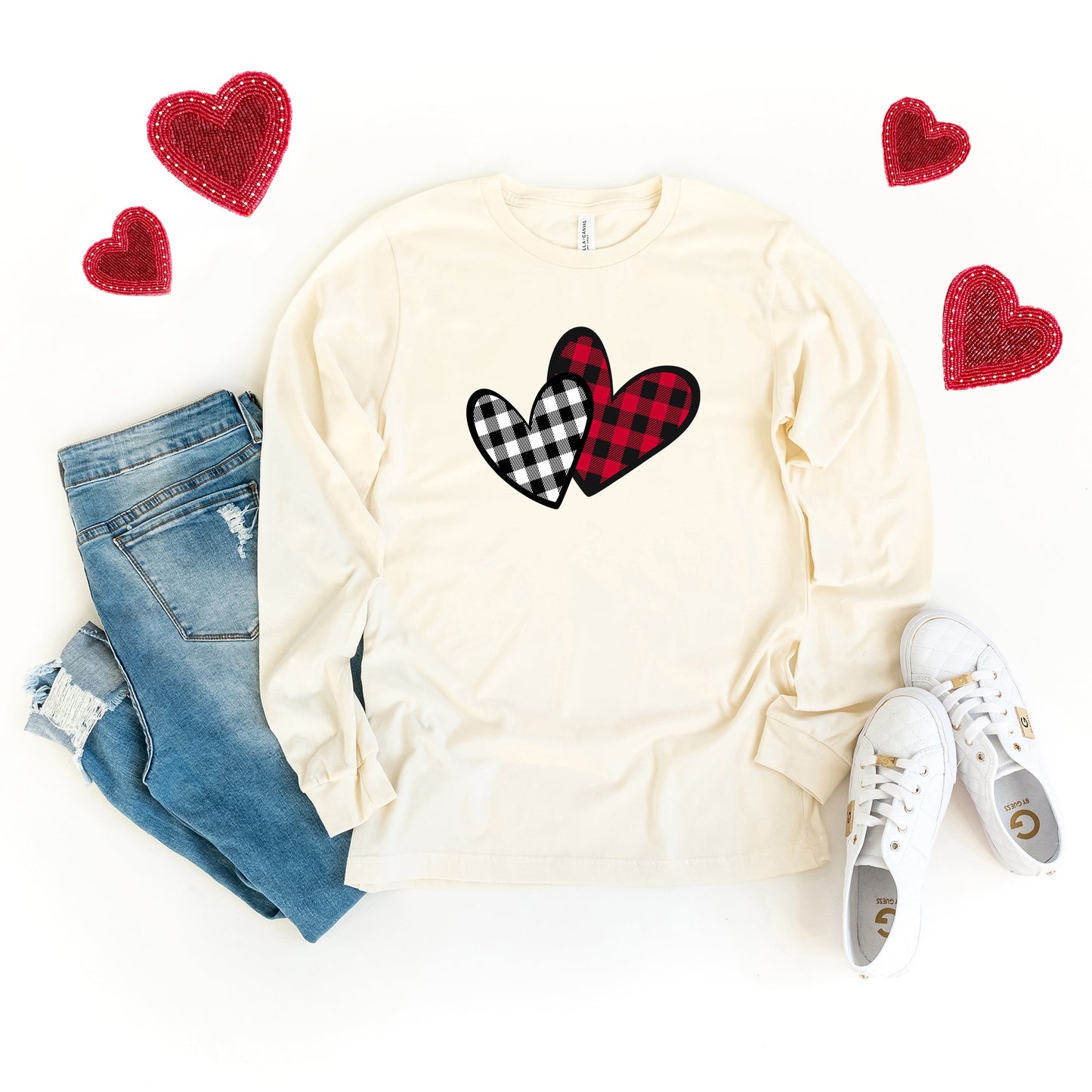 Buffalo Plaid Hearts | Long Sleeve Crew Neck