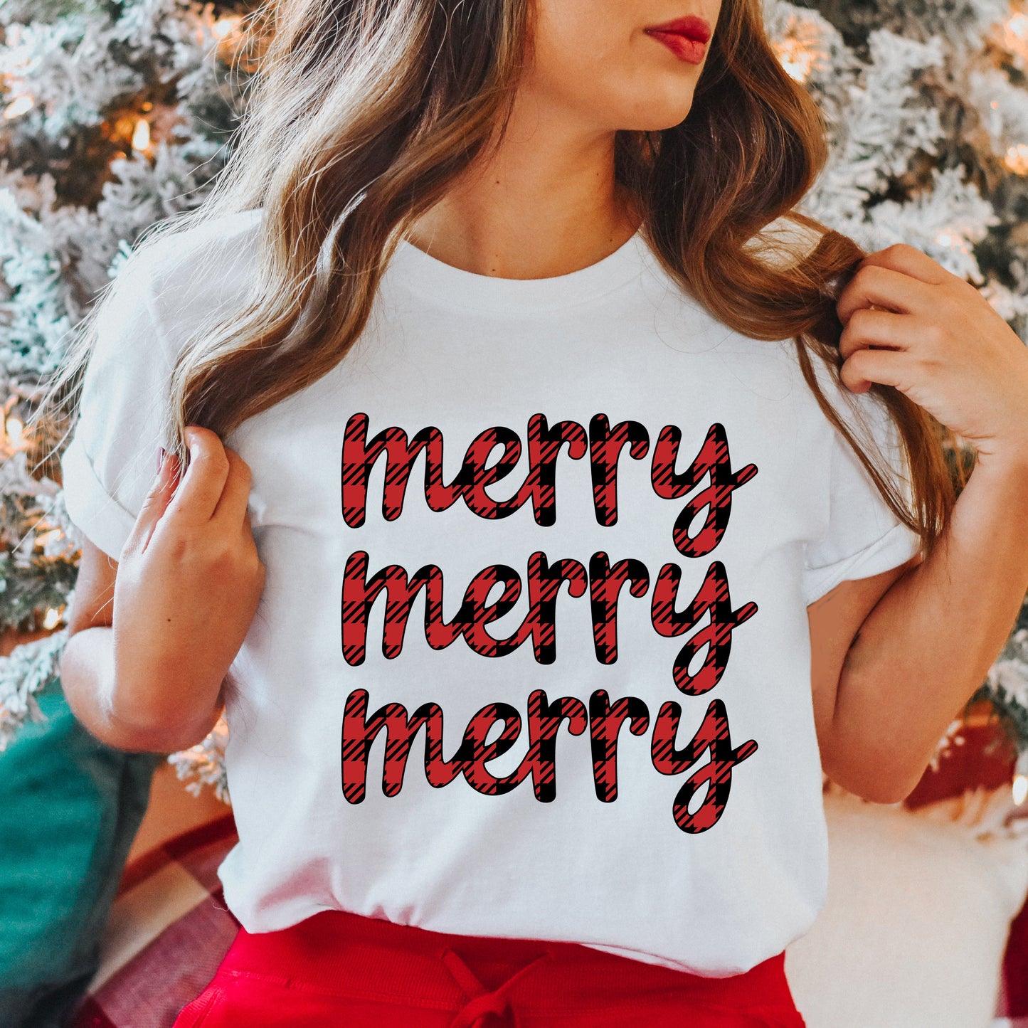 Buffalo Plaid Merry Stacked | Short Sleeve Graphic Tee