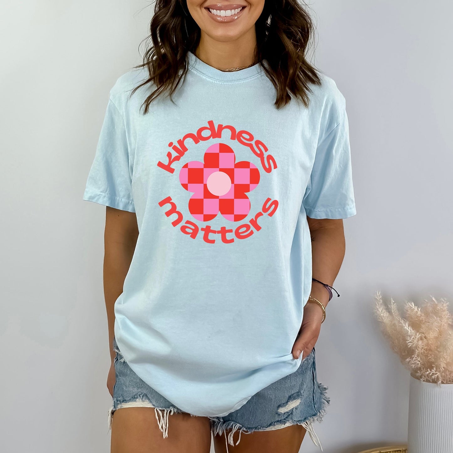 Kindness Matters Checkered Flower | Garment Dyed Short Sleeve Tee