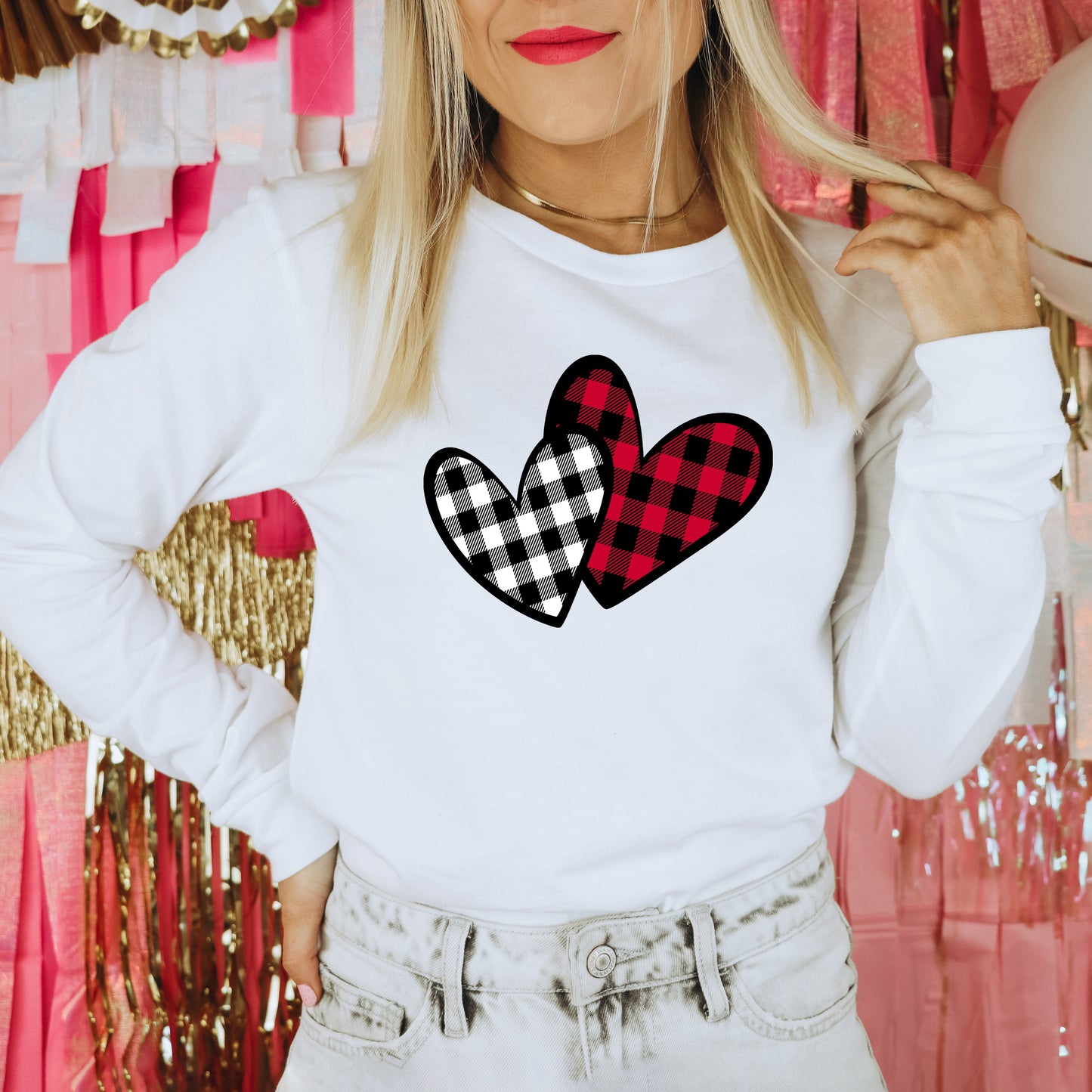 Buffalo Plaid Hearts | Long Sleeve Crew Neck