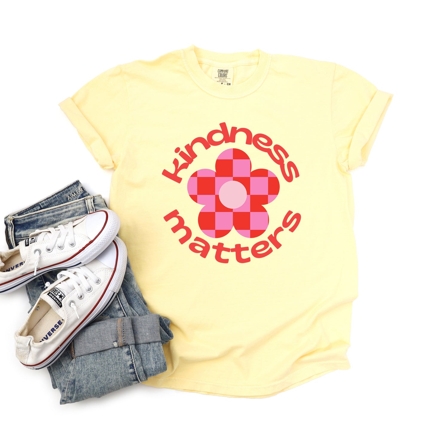 Kindness Matters Checkered Flower | Garment Dyed Short Sleeve Tee