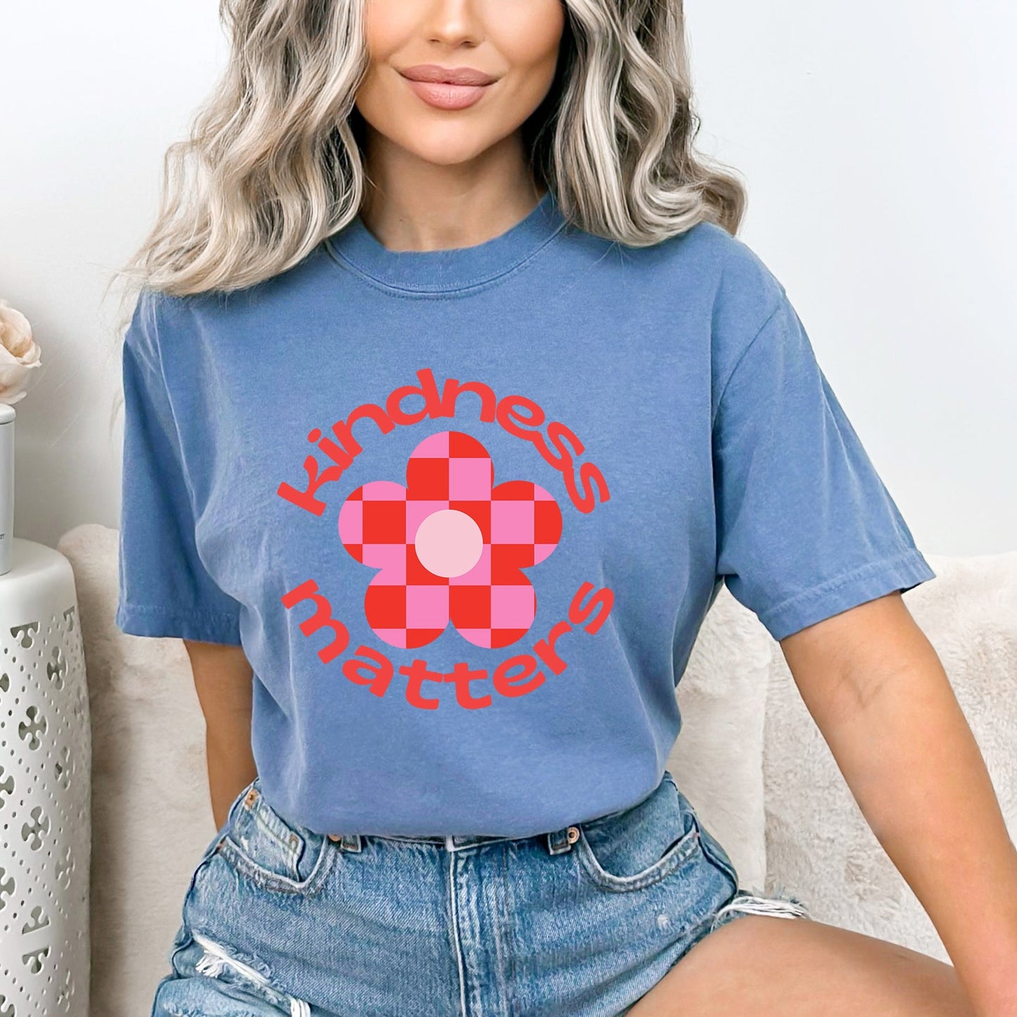 Kindness Matters Checkered Flower | Garment Dyed Short Sleeve Tee