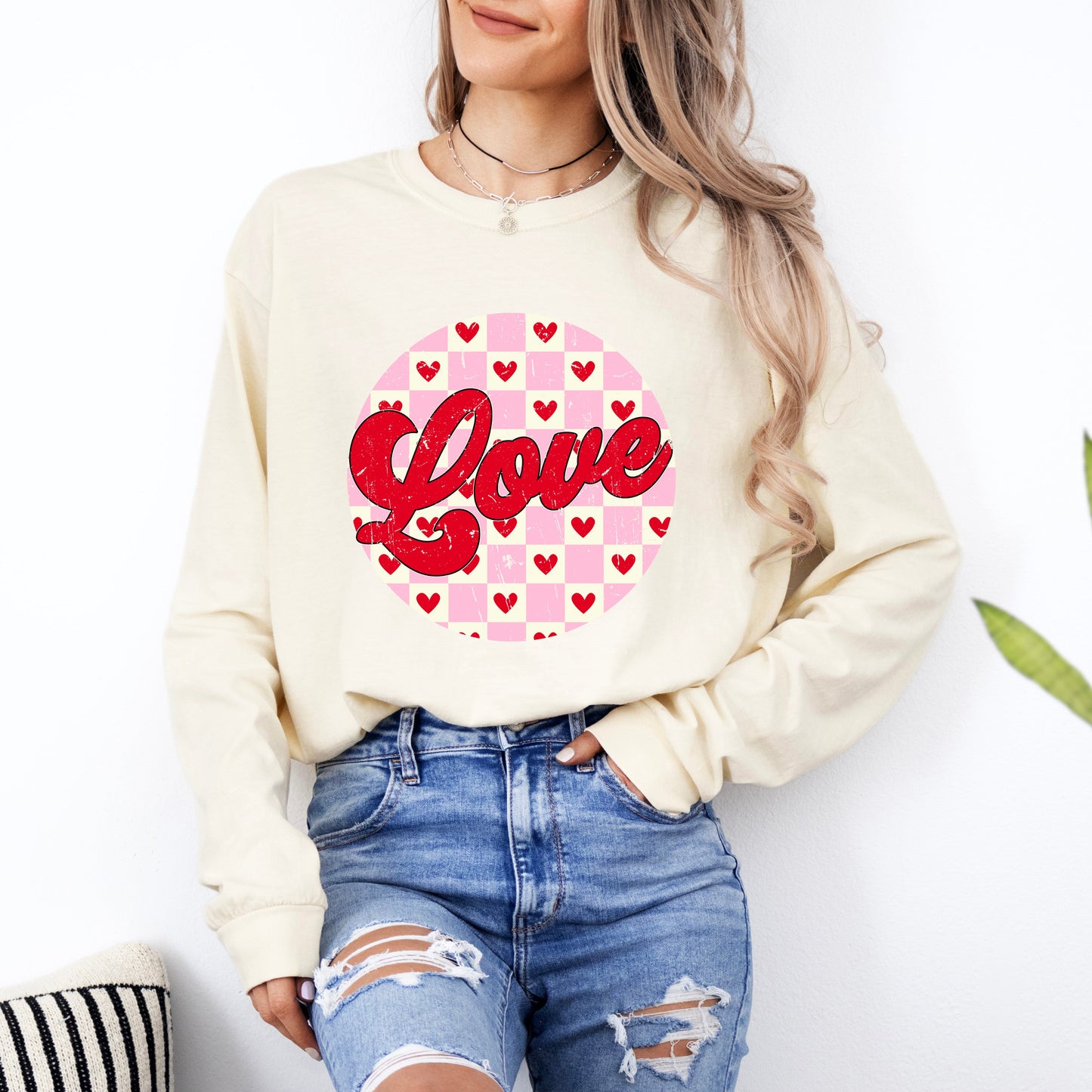 Retro Love Checkered Circle | Garment Dyed Long Sleeve