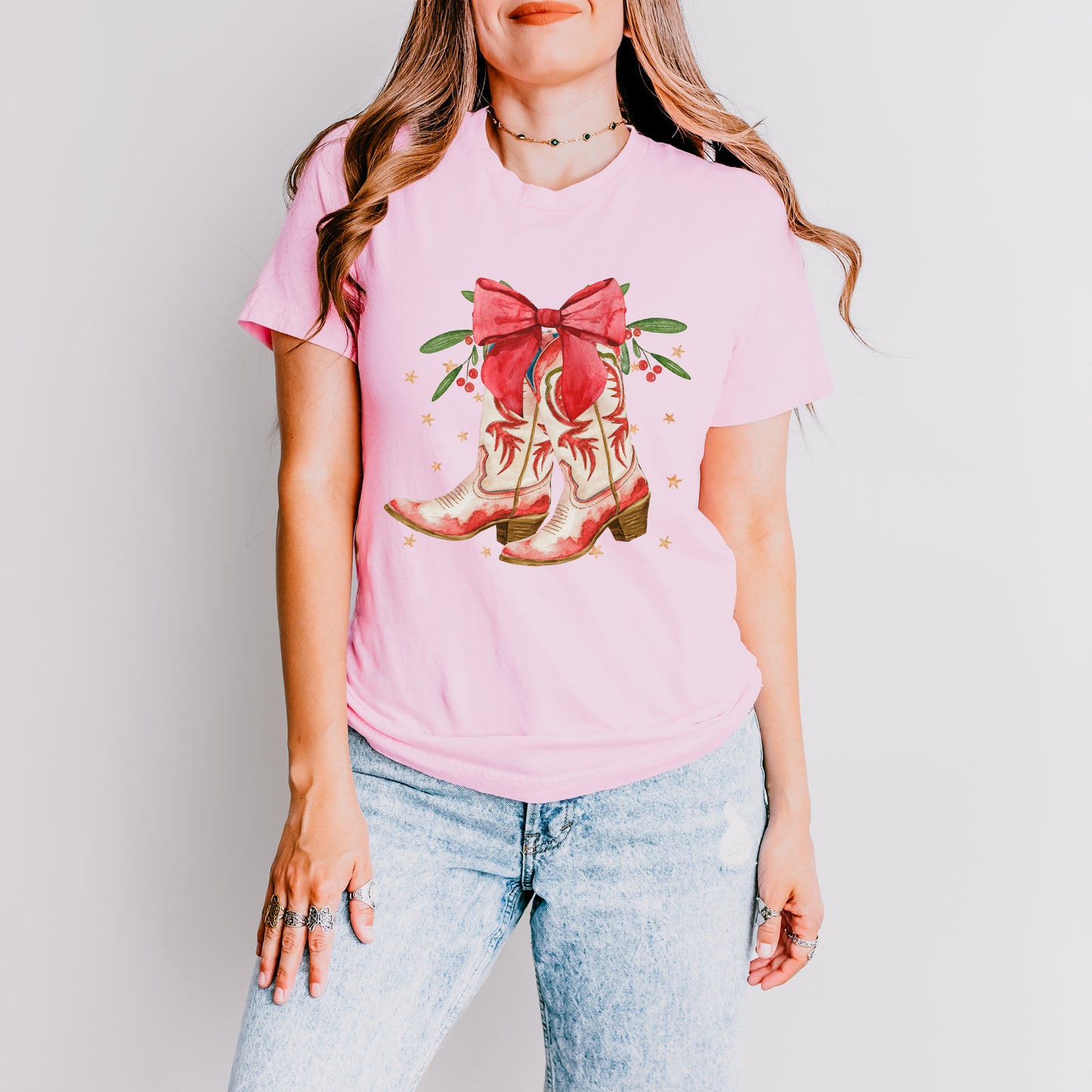 Coquette Cowgirl Christmas Boots | Short Sleeve Crew Neck