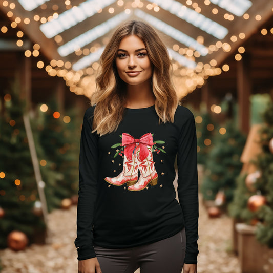 Coquette Cowgirl Christmas Boots | Long Sleeve Crew Neck