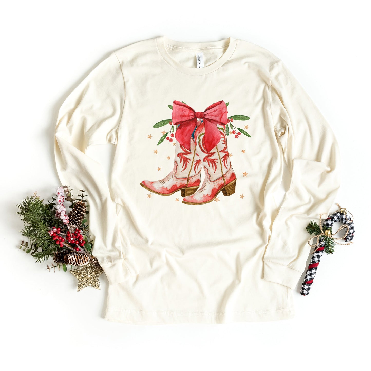 Coquette Cowgirl Christmas Boots | Long Sleeve Crew Neck