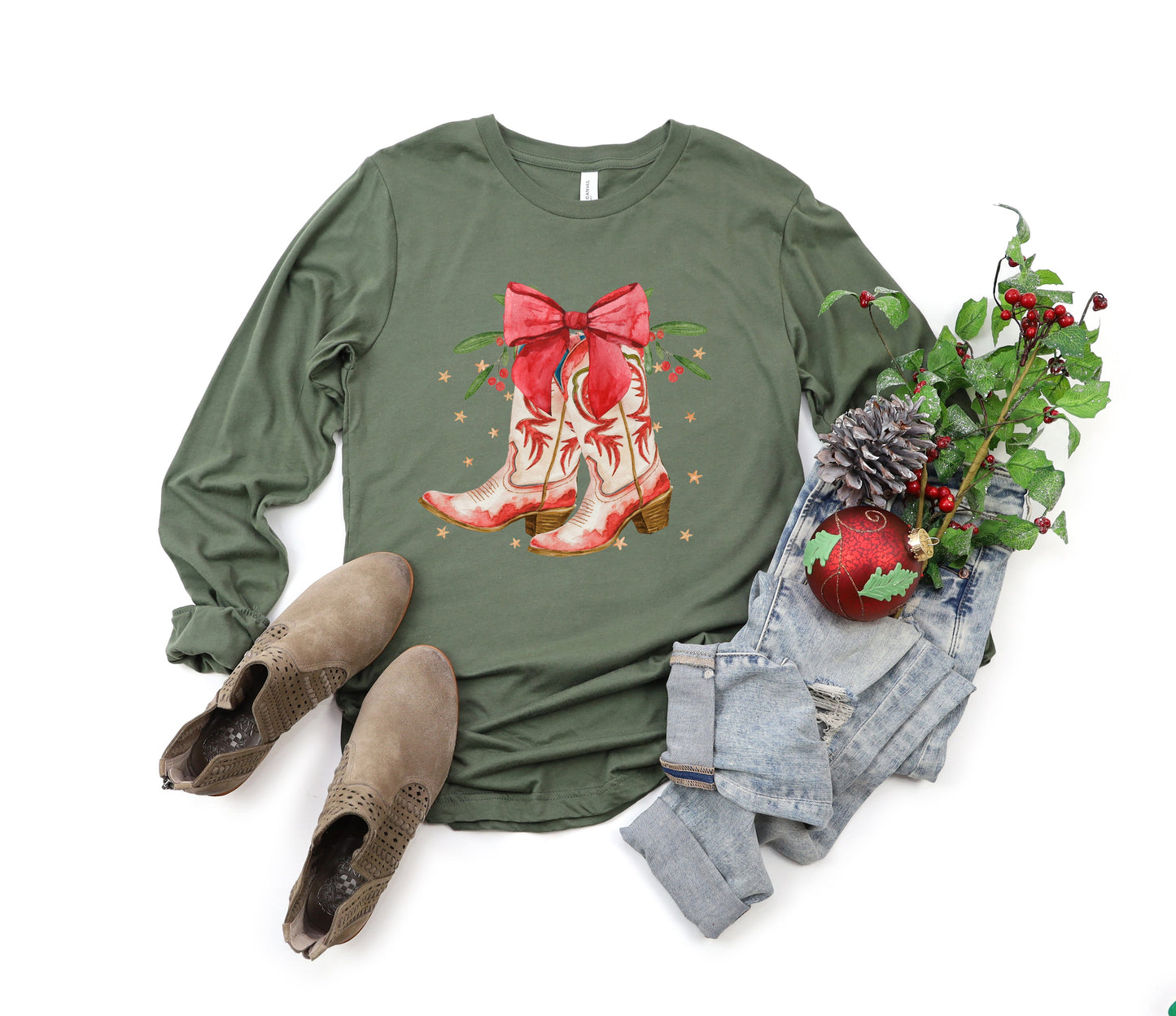 Coquette Cowgirl Christmas Boots | Long Sleeve Crew Neck