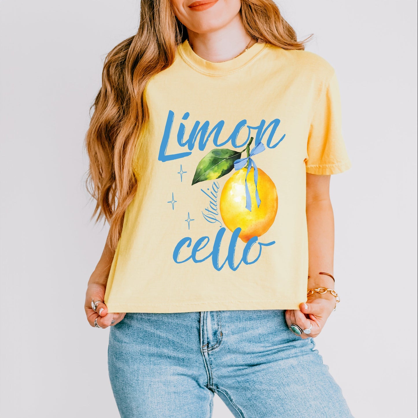 Limoncello Watercolor - Women's Boxy Crop Top Graphic T-Shirt