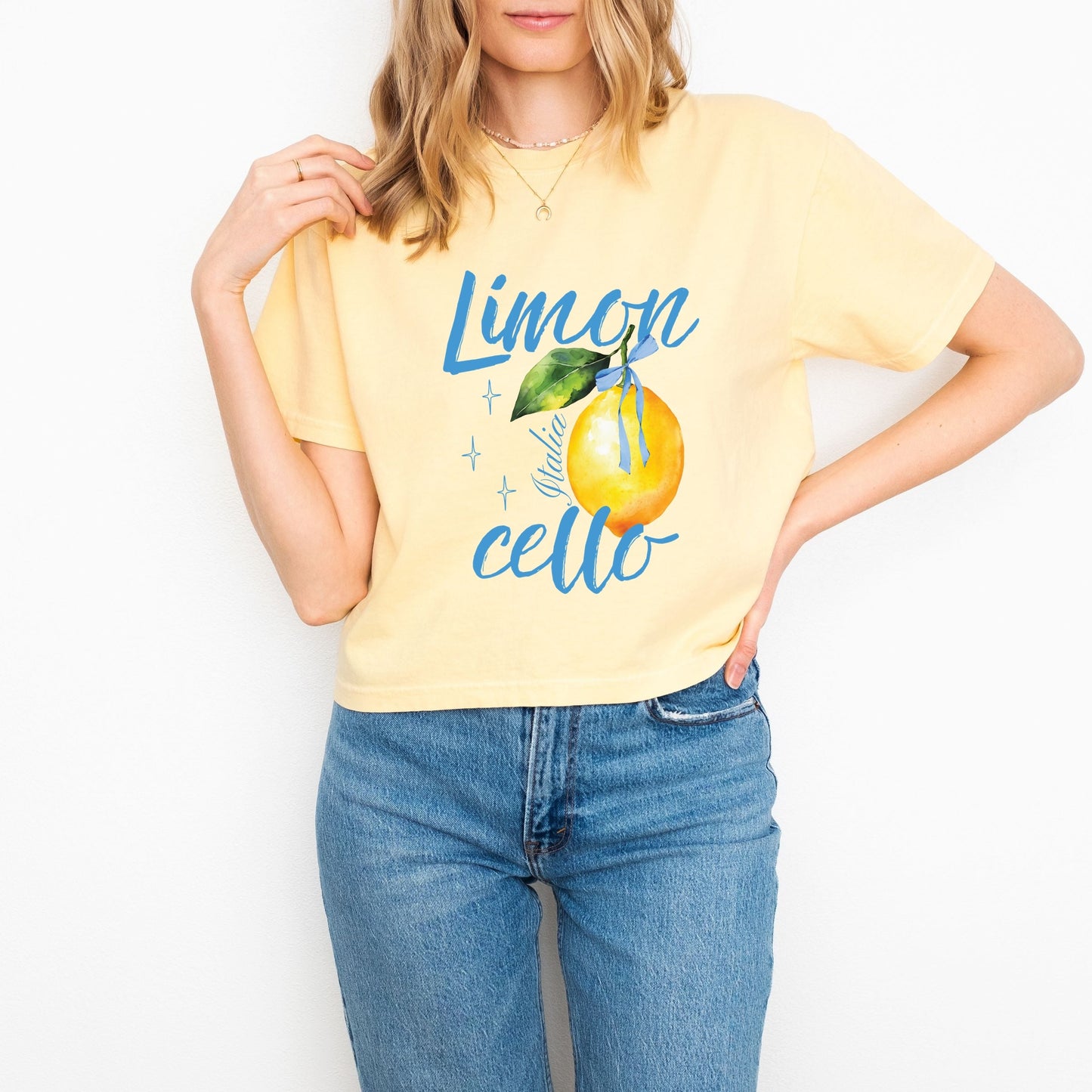 Limoncello Watercolor - Women's Boxy Crop Top Graphic T-Shirt