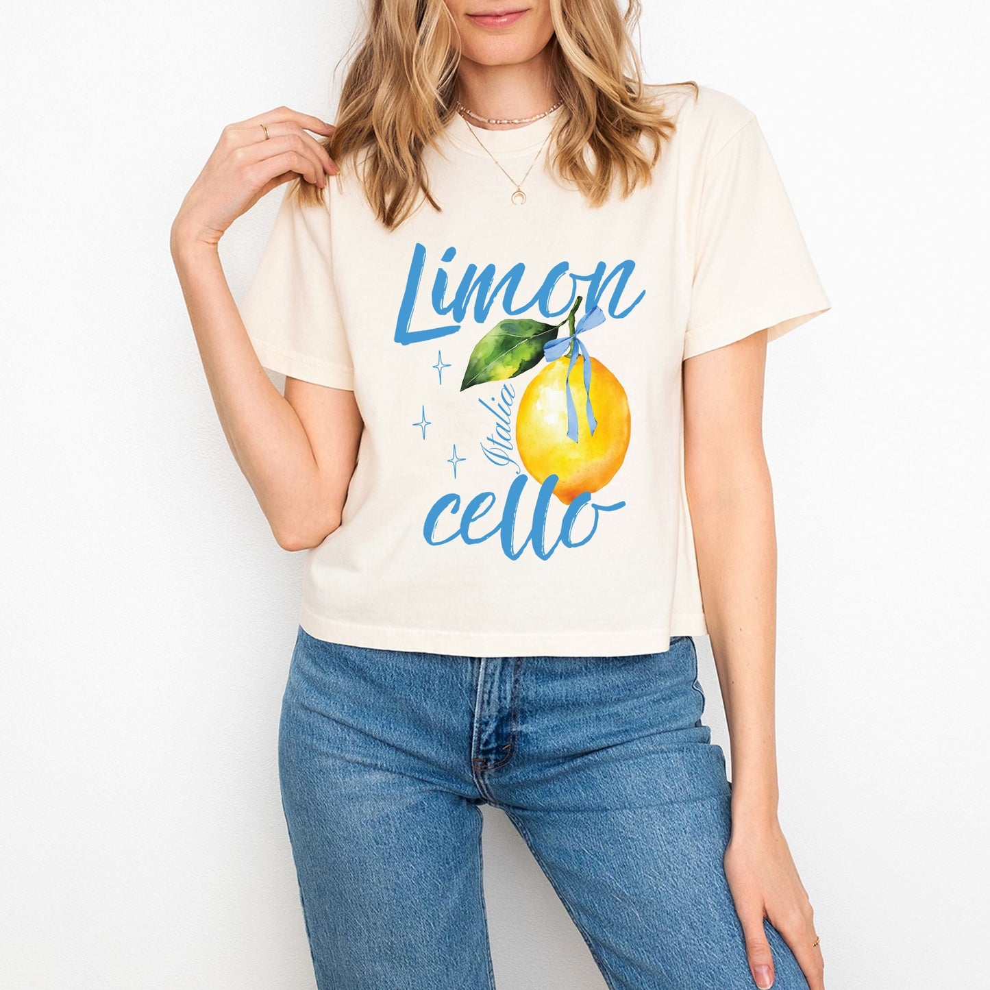 Limoncello Watercolor - Women's Boxy Crop Top Graphic T-Shirt