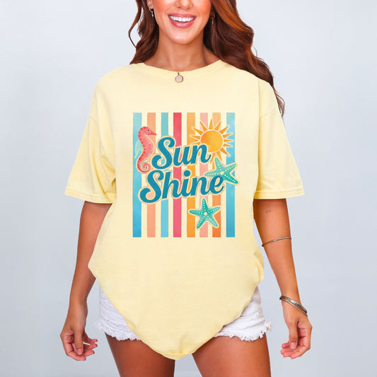 Sunshine Seahorse Stripes - Women's Garment Dyed Graphic T-Shirt