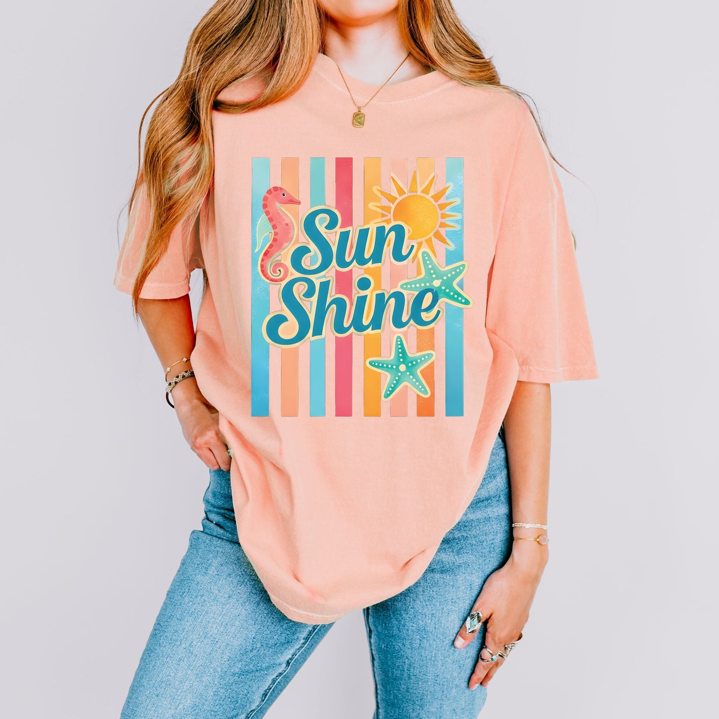 Sunshine Seahorse Stripes - Women's Garment Dyed Graphic T-Shirt