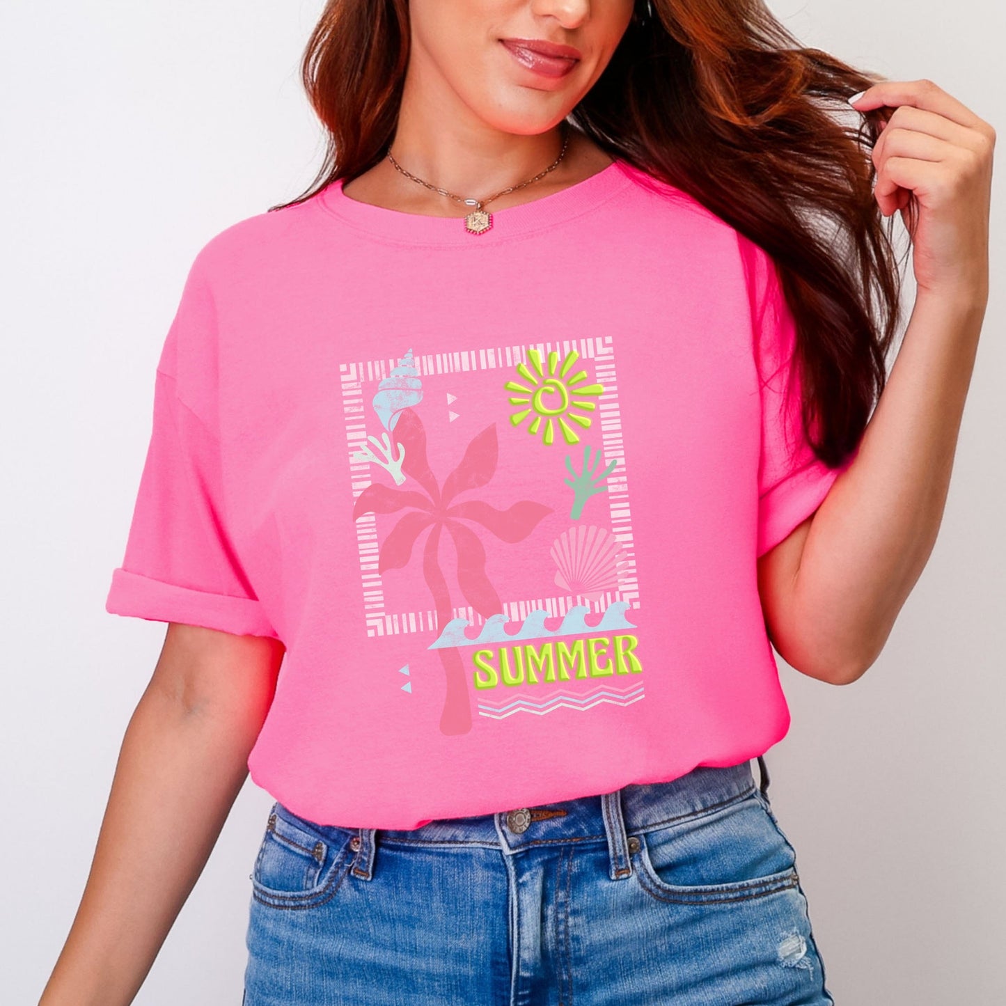 Summer Icons Colorful Puff Print - Women's Garment Dyed Graphic T-Shirt