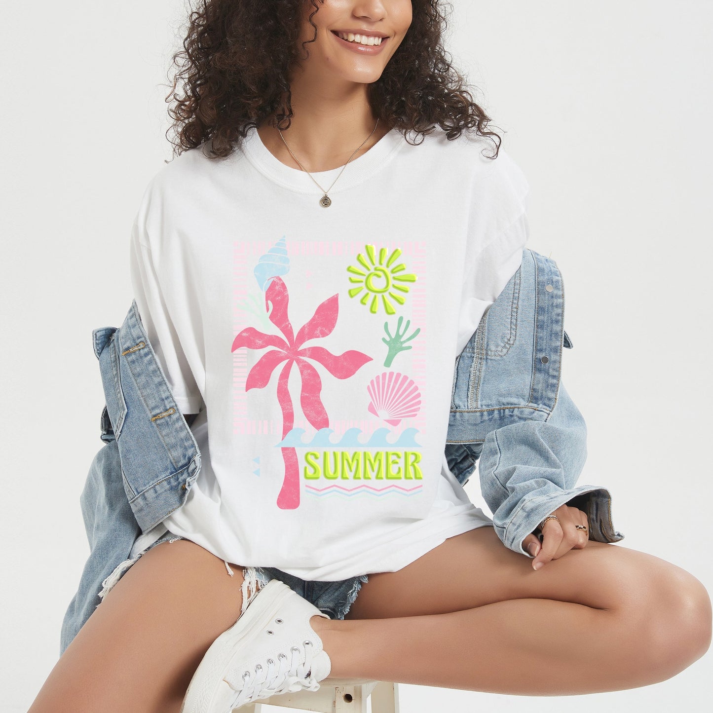 Summer Icons Colorful Puff Print - Women's Garment Dyed Graphic T-Shirt