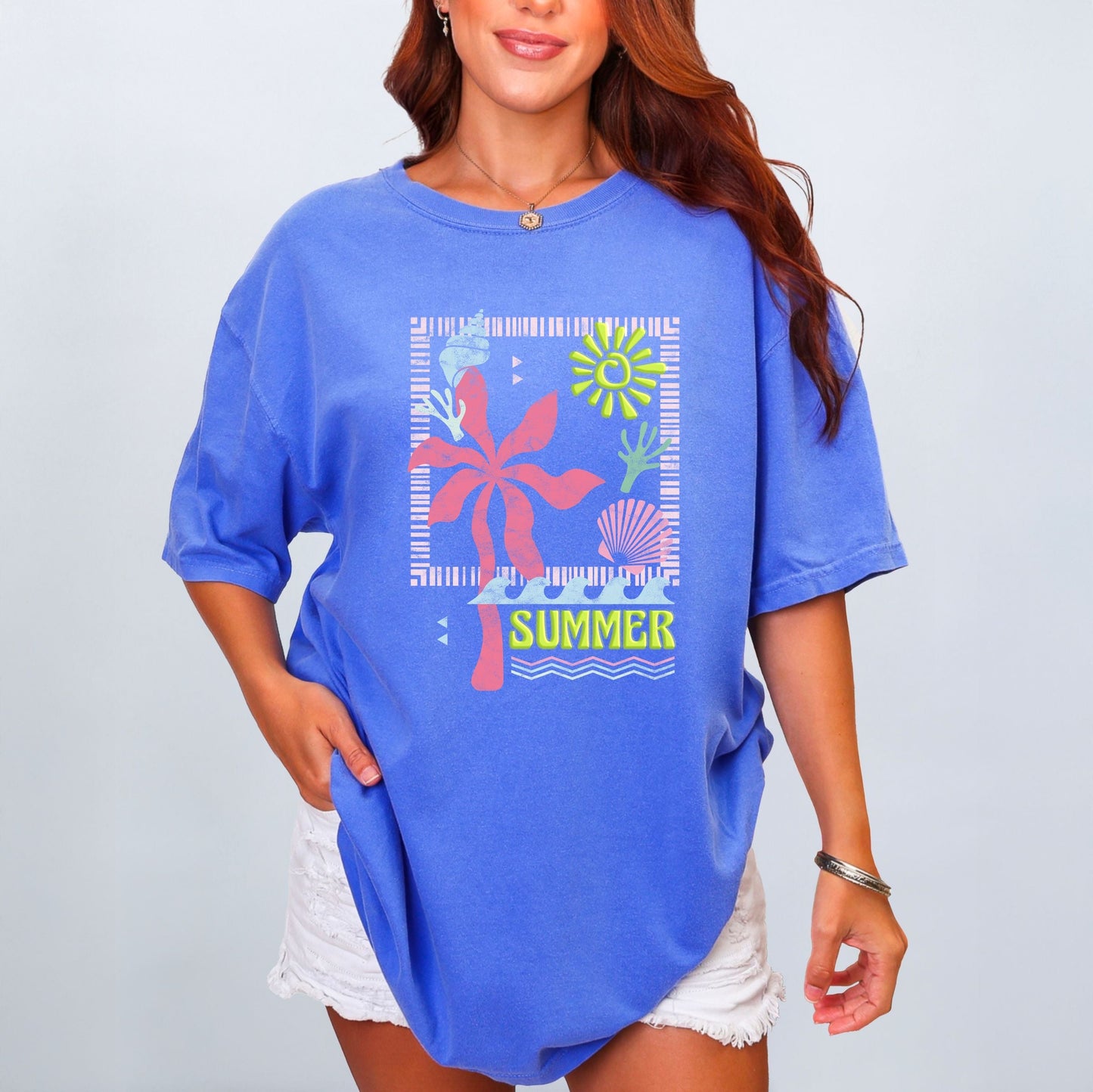 Summer Icons Colorful Puff Print - Women's Garment Dyed Graphic T-Shirt