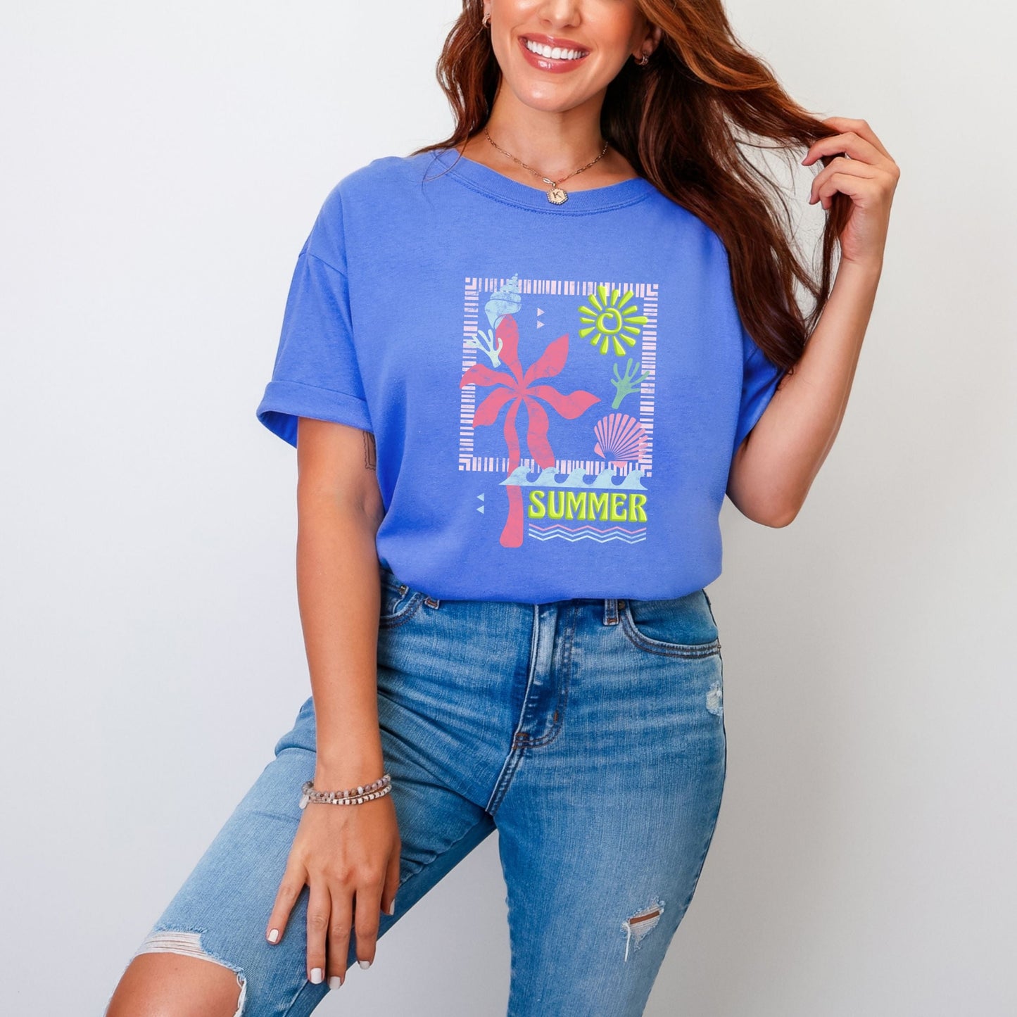 Summer Icons Colorful Puff Print - Women's Garment Dyed Graphic T-Shirt