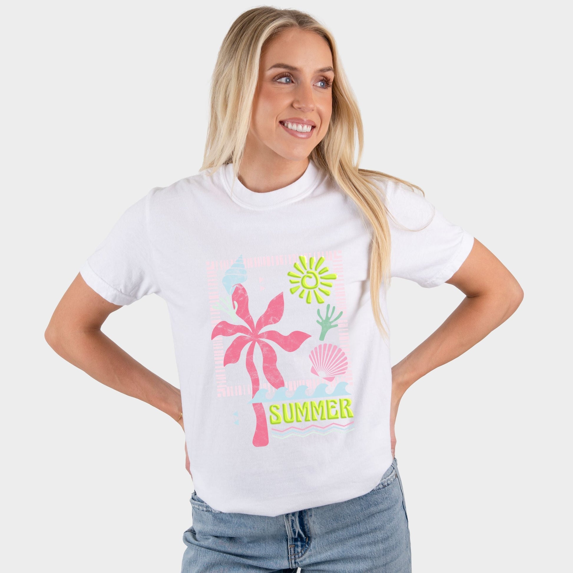 Summer Icons Colorful Puff Print - Women's Garment Dyed Graphic T-Shirt